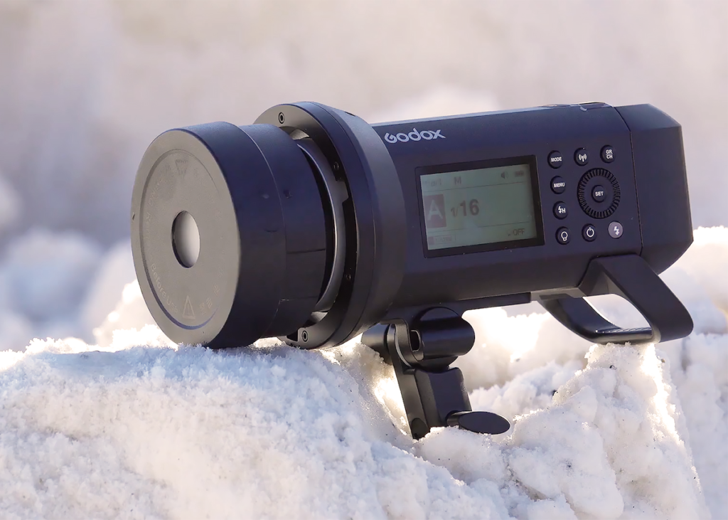 Godox AD400 Pro portable outdoor flash in snowy winter