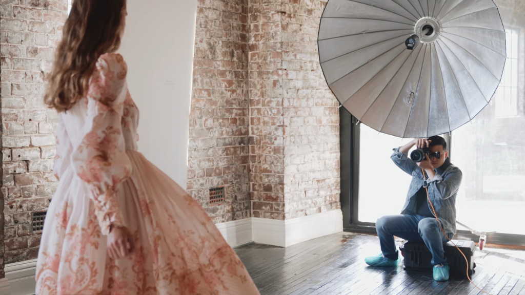 Studio fashion photo shoot with Godox parabolic reflector light focusing system P158 Kit