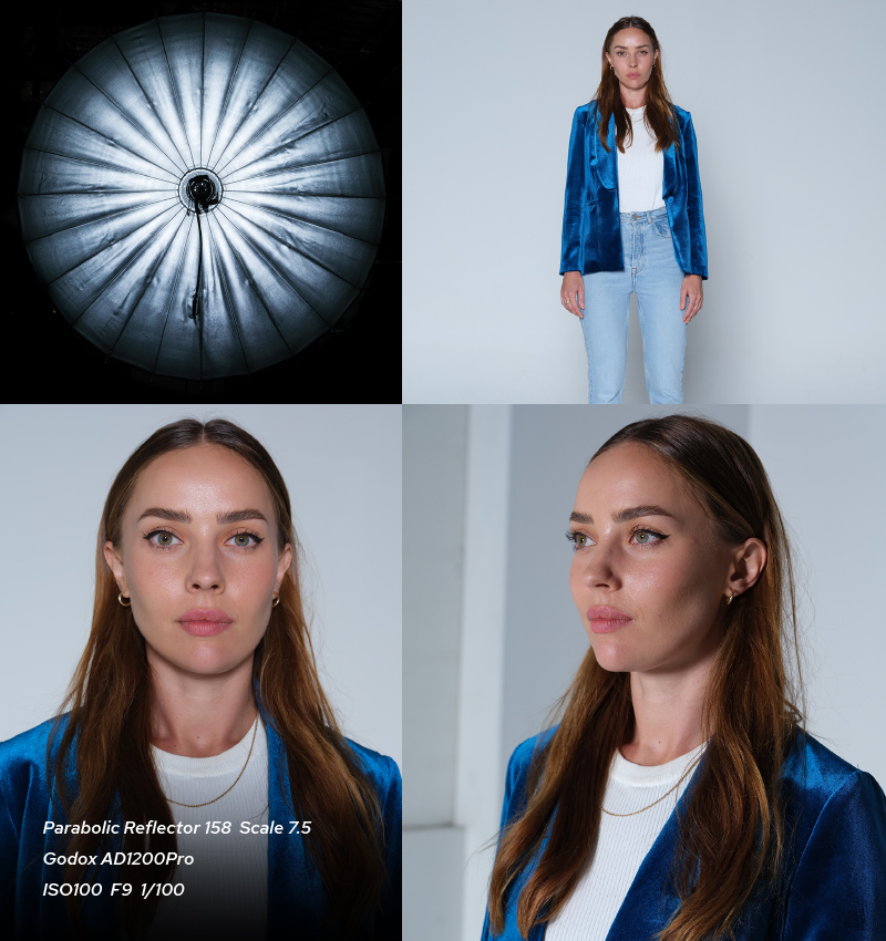 Godox parabolic reflector P158 portrait and full body effect on scale 7,5