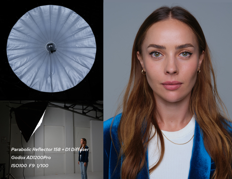 Godox parabolic reflector P158 with D1 diffuser effect on model portrait