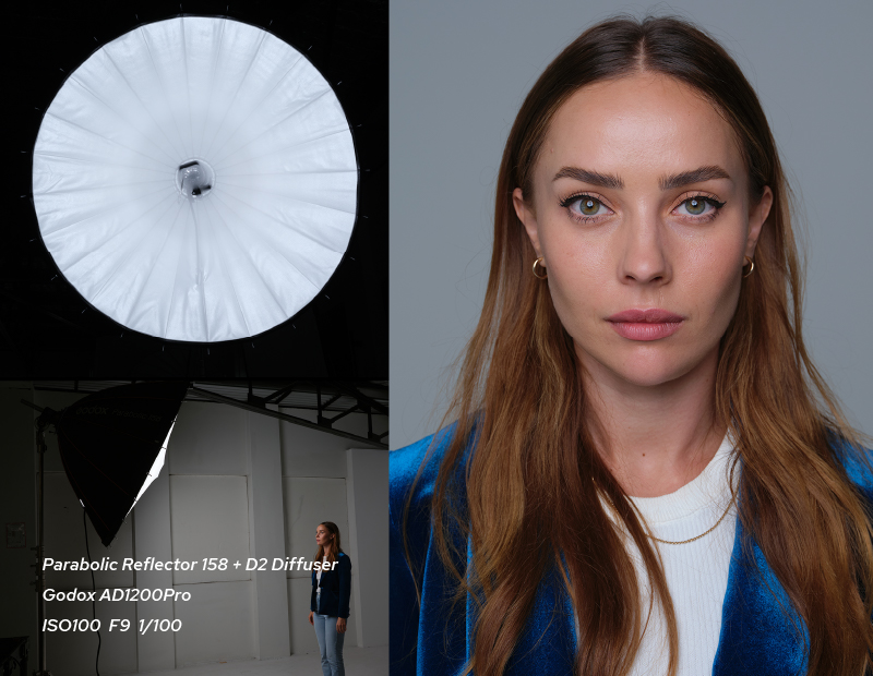 Godox parabolic reflector P158 with D2 diffuser effect on model portrait