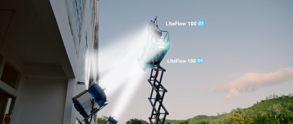 movie set lighting setup using HMI light and Godox LiteFlow 100 D1 cine reflectors outside the window