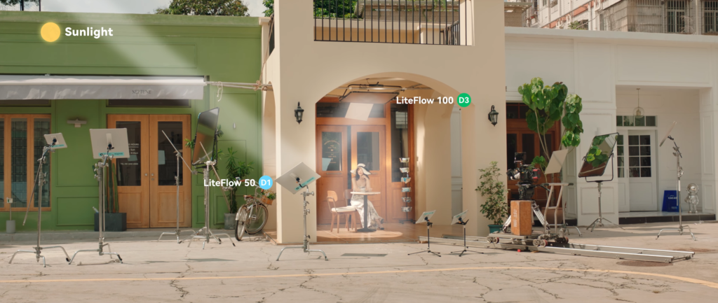 movie set lighting setup outside using natural sunlight reflected off Godox LiteFlow 50 D1 LiteFlow 100 D3 cine reflectors