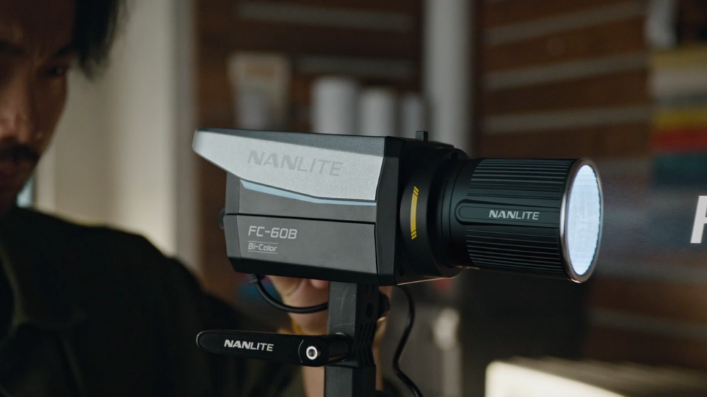 NANLITE FC-60B compact bi-color COB LED light adjusted on set