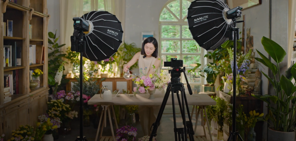florist youtuber recording with NANLITE FC-60B compact bi-color COB LED light with fm mount softbox