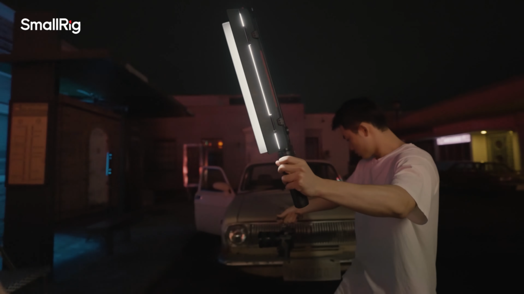 SmallRig RT25 handheld RGB LED tube light with battery grip and barndoors