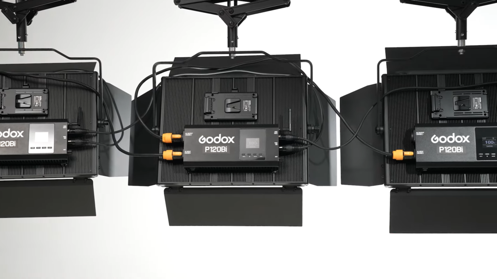 Godox P120Bi professional broadcast bi-color led panel light with barndoors daisy chain power setup