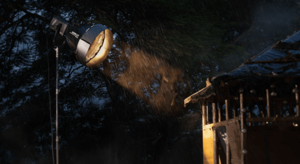 Nanlux NL70 Parallel Beam Reflector RF-NL-PB NL mount with Evoke series COB LED light 2400B in rain on set
