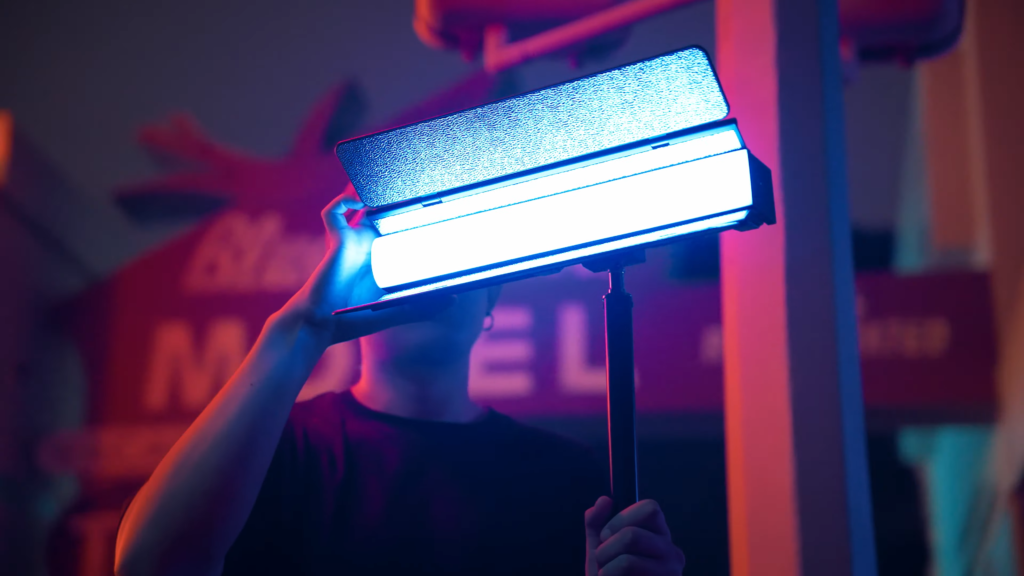 ZHIYUN CINEPEER C100 RGB LED bar wand tube light with barn doors on a stand