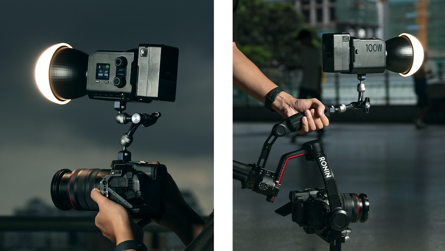 SmallRig RC 100B compact bi-color COB LED video fill light with reflector and diffuser mounted on a magic arm