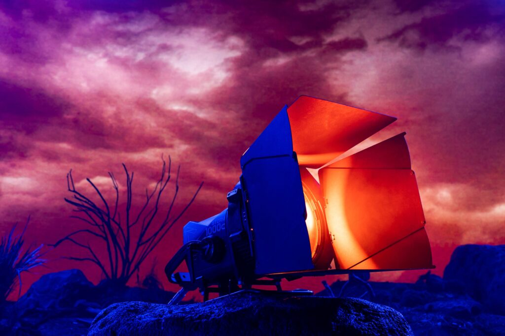 Aputure STORM 1000c full color professional BLAIR-CG COB LED light with barn doors on set