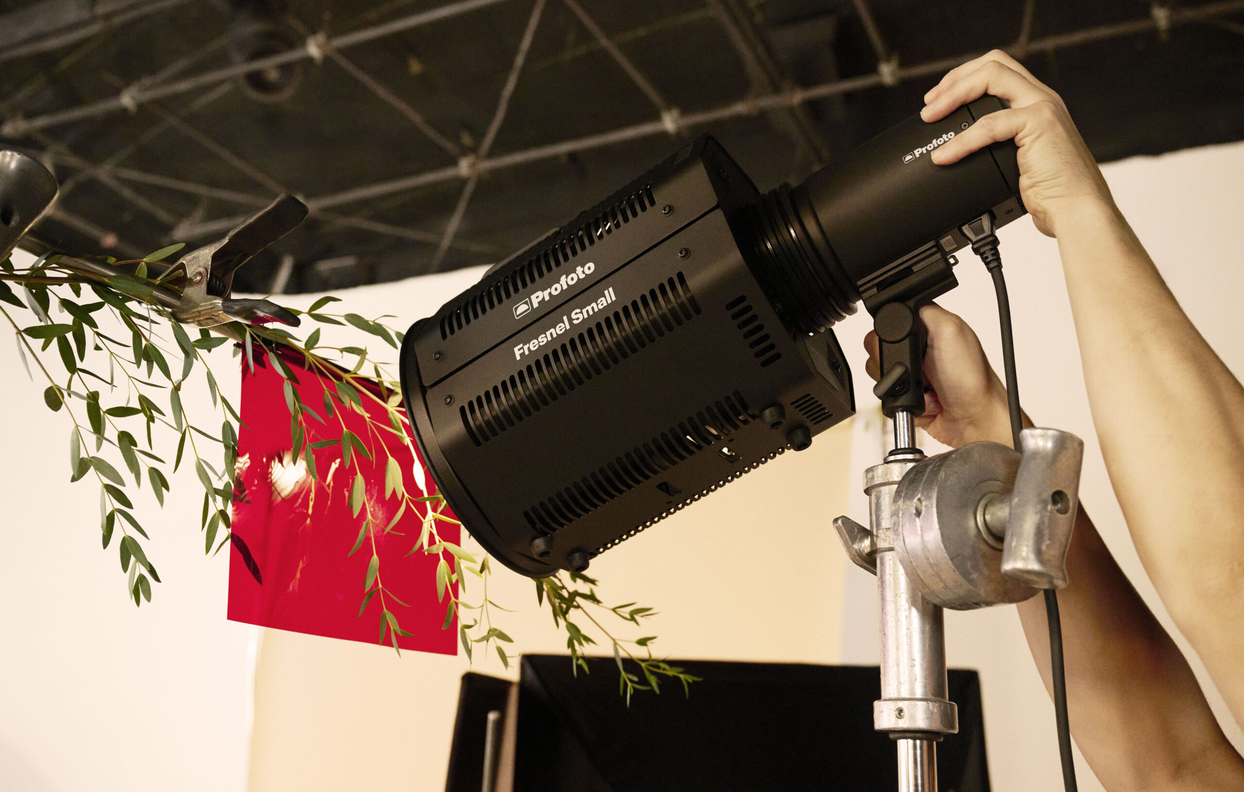 Profoto D30 professional studio flash head monolight with Fresnel Small attachment light modifier in a studio