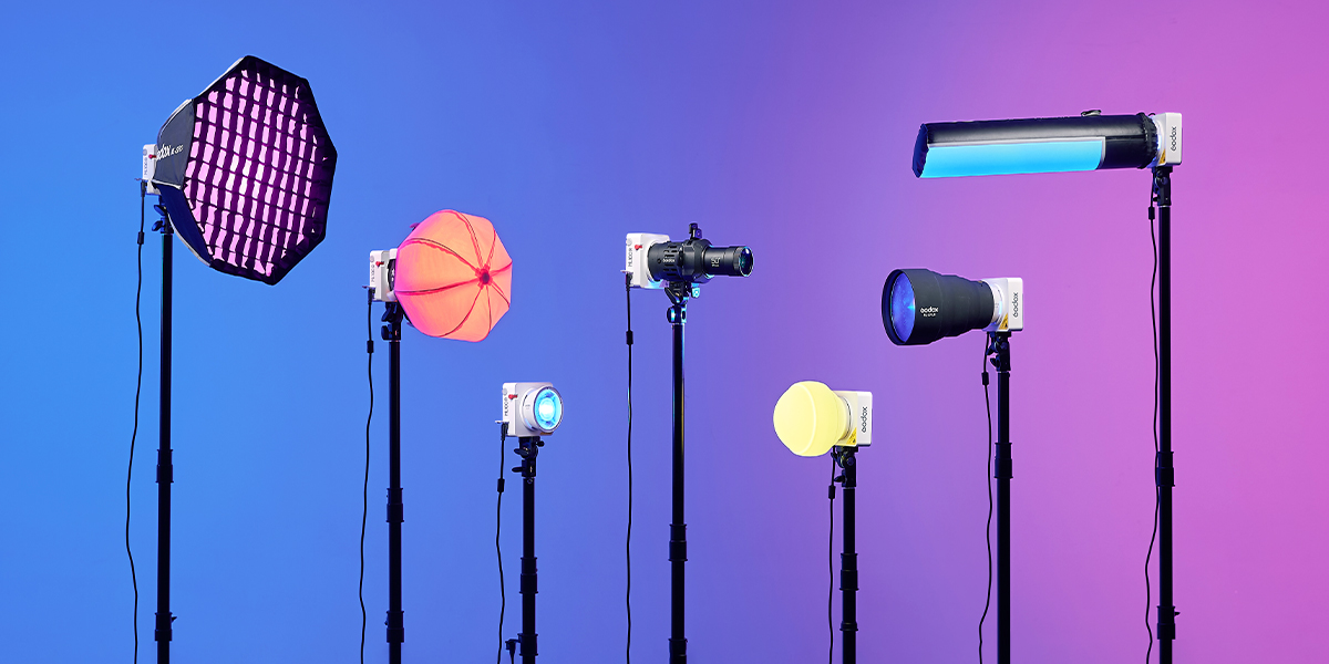 Godox ML100R full color RGB compact pocket COB LED light with accessories softbox fresnel diffusion air tube